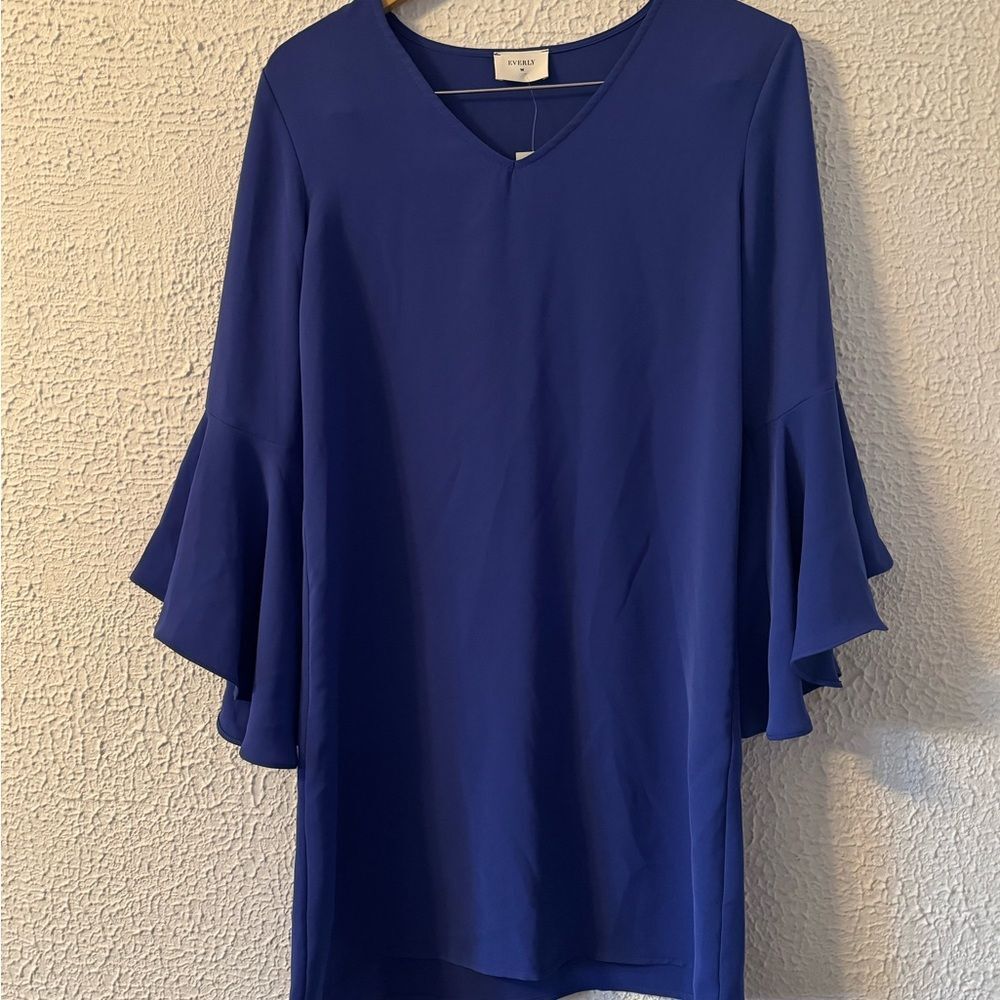 Everly Royal Blue V-Neck Tunic with Layered Ruffle Sleeves